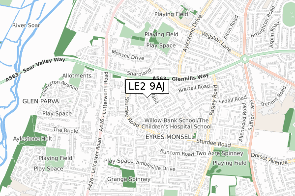 LE2 9AJ map - small scale - OS Open Zoomstack (Ordnance Survey)