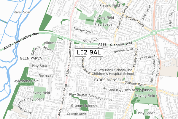 LE2 9AL map - small scale - OS Open Zoomstack (Ordnance Survey)