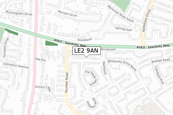 LE2 9AN map - large scale - OS Open Zoomstack (Ordnance Survey)