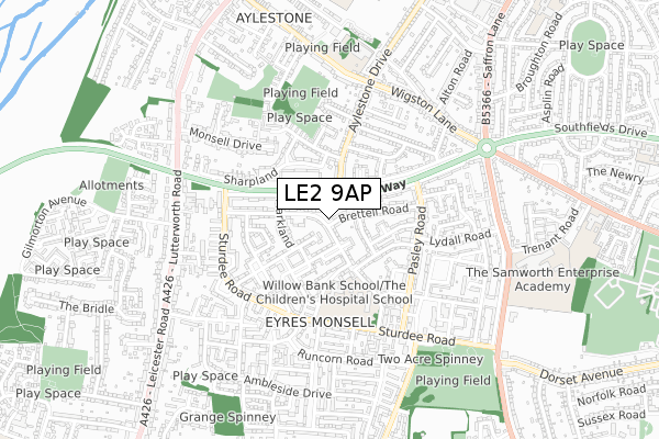LE2 9AP map - small scale - OS Open Zoomstack (Ordnance Survey)