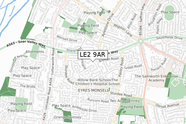 LE2 9AR map - small scale - OS Open Zoomstack (Ordnance Survey)
