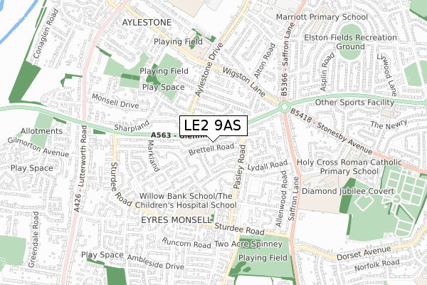 LE2 9AS map - small scale - OS Open Zoomstack (Ordnance Survey)