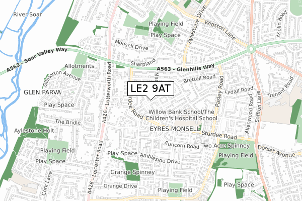 LE2 9AT map - small scale - OS Open Zoomstack (Ordnance Survey)