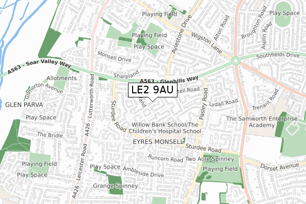 LE2 9AU map - small scale - OS Open Zoomstack (Ordnance Survey)