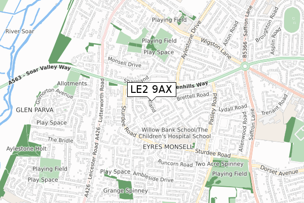 LE2 9AX map - small scale - OS Open Zoomstack (Ordnance Survey)