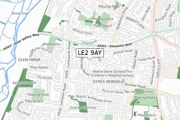 LE2 9AY map - small scale - OS Open Zoomstack (Ordnance Survey)