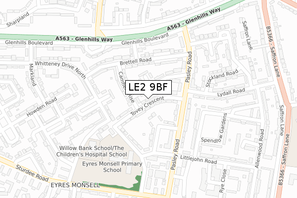 LE2 9BF map - large scale - OS Open Zoomstack (Ordnance Survey)