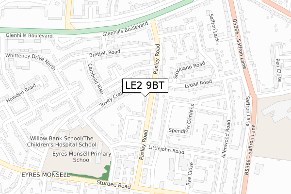LE2 9BT map - large scale - OS Open Zoomstack (Ordnance Survey)