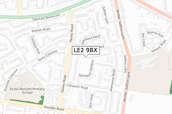 LE2 9BX map - large scale - OS Open Zoomstack (Ordnance Survey)