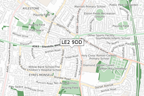 LE2 9DD map - small scale - OS Open Zoomstack (Ordnance Survey)