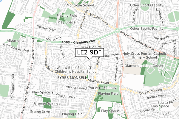 LE2 9DF map - small scale - OS Open Zoomstack (Ordnance Survey)