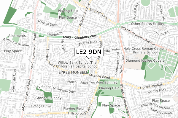LE2 9DN map - small scale - OS Open Zoomstack (Ordnance Survey)