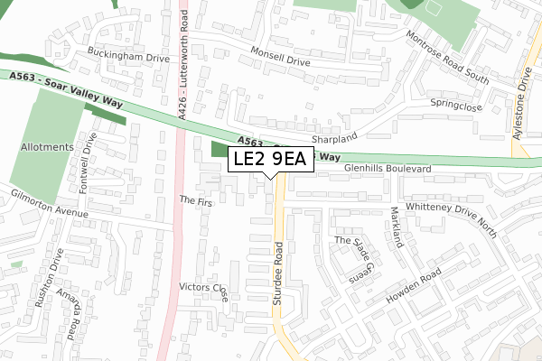 LE2 9EA map - large scale - OS Open Zoomstack (Ordnance Survey)