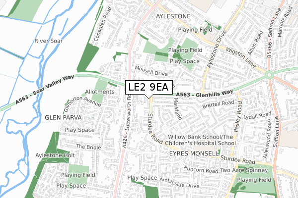 LE2 9EA map - small scale - OS Open Zoomstack (Ordnance Survey)