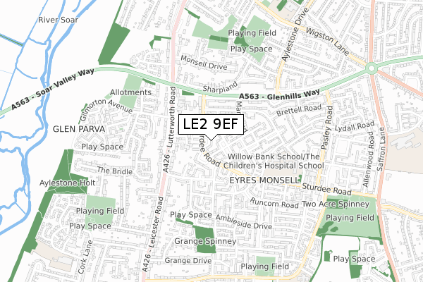 LE2 9EF map - small scale - OS Open Zoomstack (Ordnance Survey)