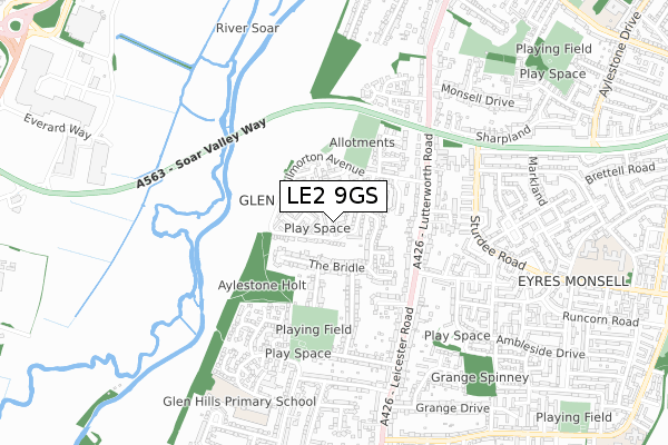 LE2 9GS map - small scale - OS Open Zoomstack (Ordnance Survey)