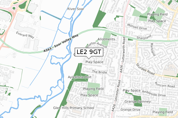 LE2 9GT map - small scale - OS Open Zoomstack (Ordnance Survey)