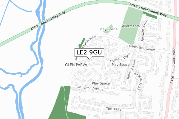 LE2 9GU map - large scale - OS Open Zoomstack (Ordnance Survey)