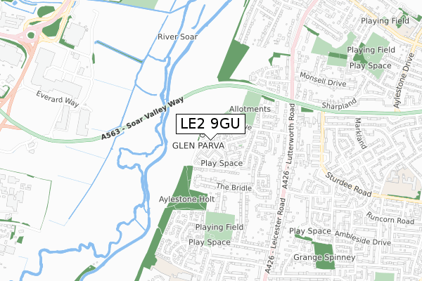 LE2 9GU map - small scale - OS Open Zoomstack (Ordnance Survey)