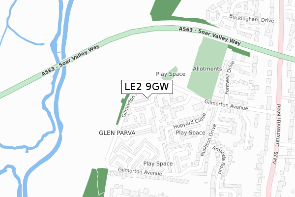 LE2 9GW map - large scale - OS Open Zoomstack (Ordnance Survey)