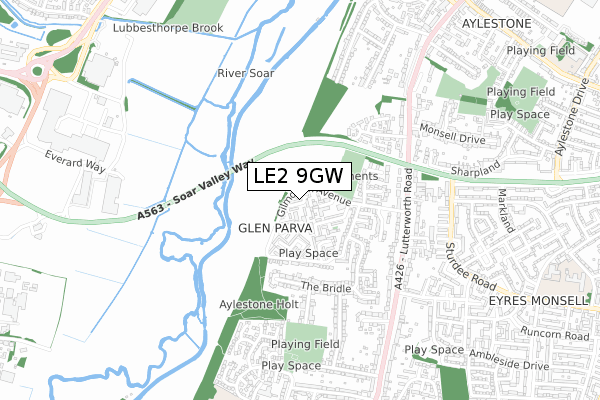 LE2 9GW map - small scale - OS Open Zoomstack (Ordnance Survey)