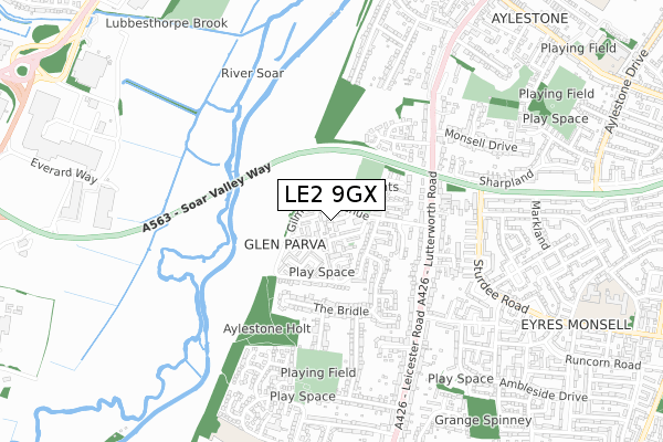 LE2 9GX map - small scale - OS Open Zoomstack (Ordnance Survey)