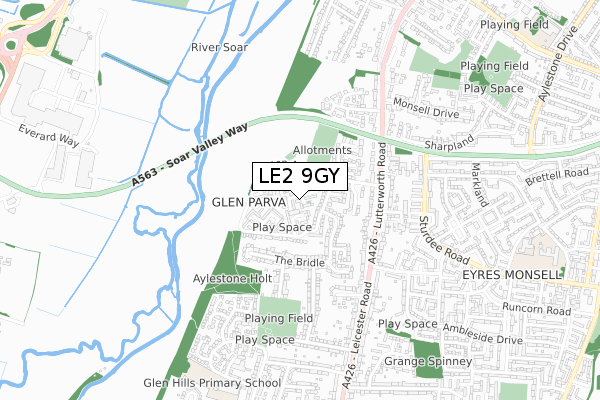 LE2 9GY map - small scale - OS Open Zoomstack (Ordnance Survey)