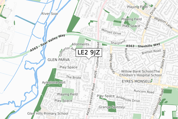LE2 9JZ map - small scale - OS Open Zoomstack (Ordnance Survey)