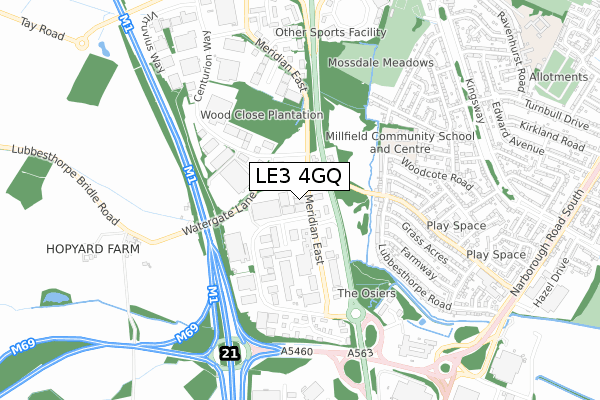 LE3 4GQ map - small scale - OS Open Zoomstack (Ordnance Survey)