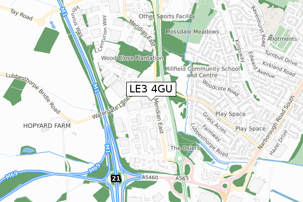 LE3 4GU map - small scale - OS Open Zoomstack (Ordnance Survey)