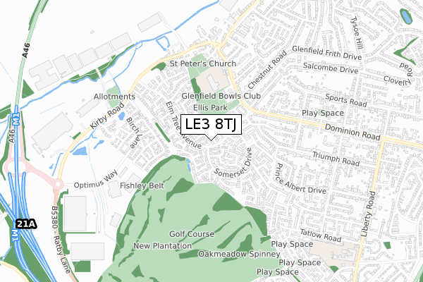 LE3 8TJ map - small scale - OS Open Zoomstack (Ordnance Survey)