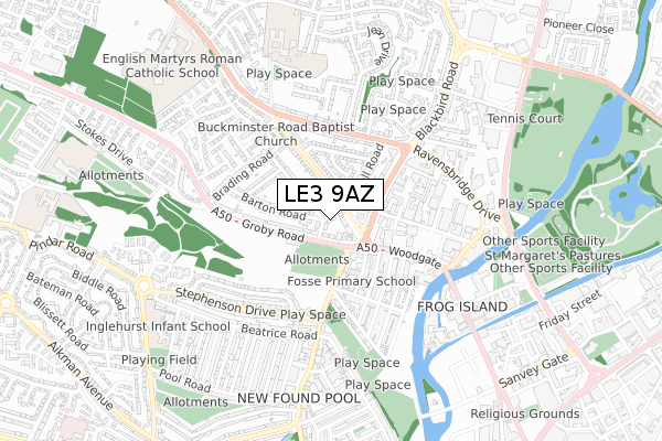 LE3 9AZ map - small scale - OS Open Zoomstack (Ordnance Survey)