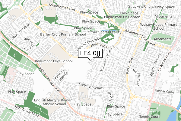 LE4 0JJ map - small scale - OS Open Zoomstack (Ordnance Survey)