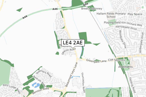 LE4 2AE map - small scale - OS Open Zoomstack (Ordnance Survey)