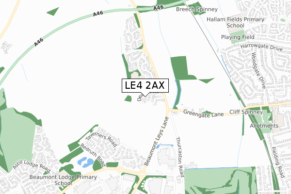 LE4 2AX map - small scale - OS Open Zoomstack (Ordnance Survey)
