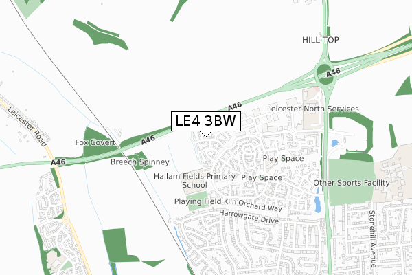LE4 3BW map - small scale - OS Open Zoomstack (Ordnance Survey)