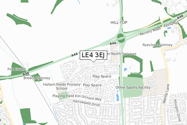 LE4 3EJ map - small scale - OS Open Zoomstack (Ordnance Survey)