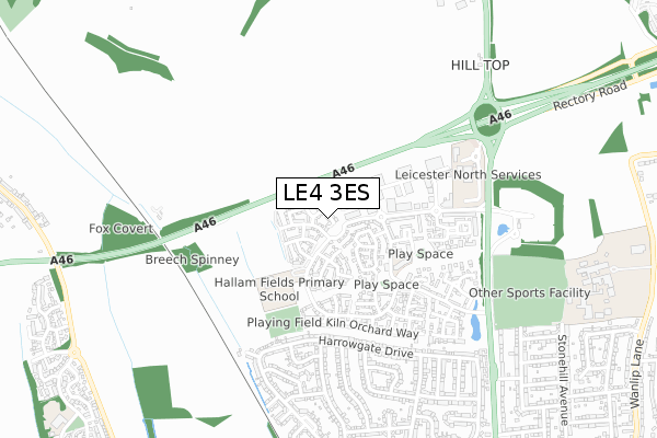 LE4 3ES map - small scale - OS Open Zoomstack (Ordnance Survey)