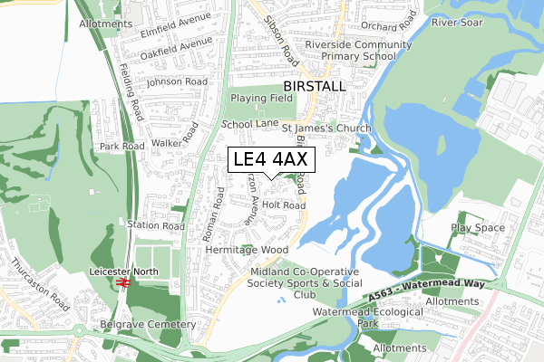 LE4 4AX map - small scale - OS Open Zoomstack (Ordnance Survey)