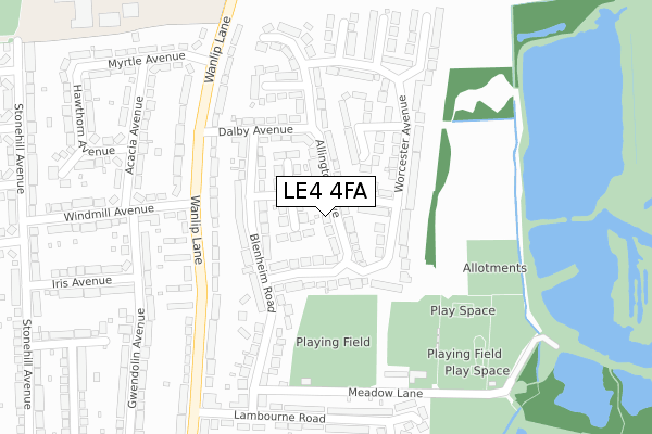 LE4 4FA map - large scale - OS Open Zoomstack (Ordnance Survey)