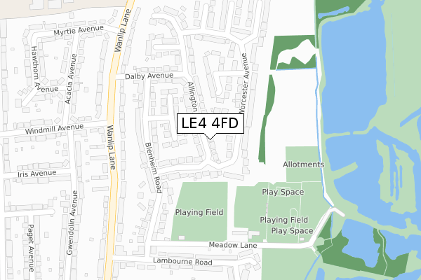 LE4 4FD map - large scale - OS Open Zoomstack (Ordnance Survey)