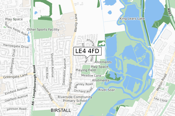 LE4 4FD map - small scale - OS Open Zoomstack (Ordnance Survey)