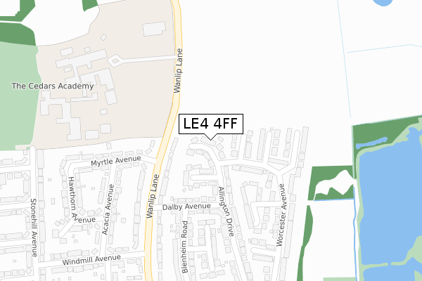 LE4 4FF map - large scale - OS Open Zoomstack (Ordnance Survey)