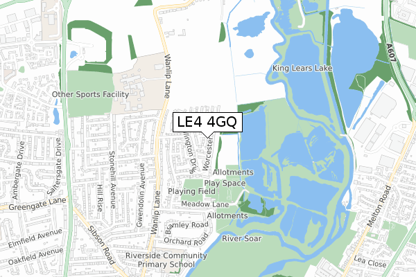 LE4 4GQ map - small scale - OS Open Zoomstack (Ordnance Survey)