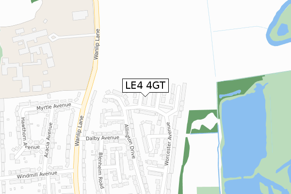LE4 4GT map - large scale - OS Open Zoomstack (Ordnance Survey)
