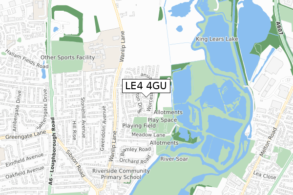 LE4 4GU map - small scale - OS Open Zoomstack (Ordnance Survey)