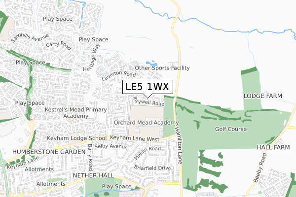 LE5 1WX map - small scale - OS Open Zoomstack (Ordnance Survey)