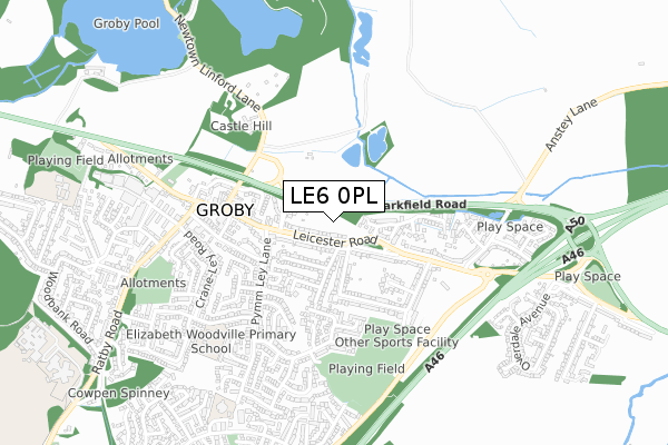 LE6 0PL map - small scale - OS Open Zoomstack (Ordnance Survey)