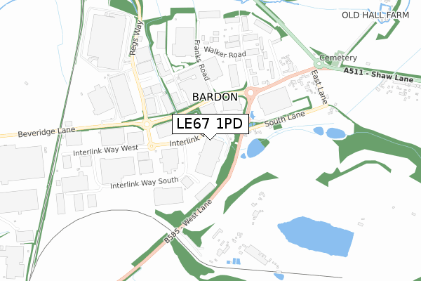 LE67 1PD map - small scale - OS Open Zoomstack (Ordnance Survey)