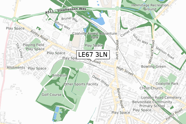 LE67 3LN map - small scale - OS Open Zoomstack (Ordnance Survey)